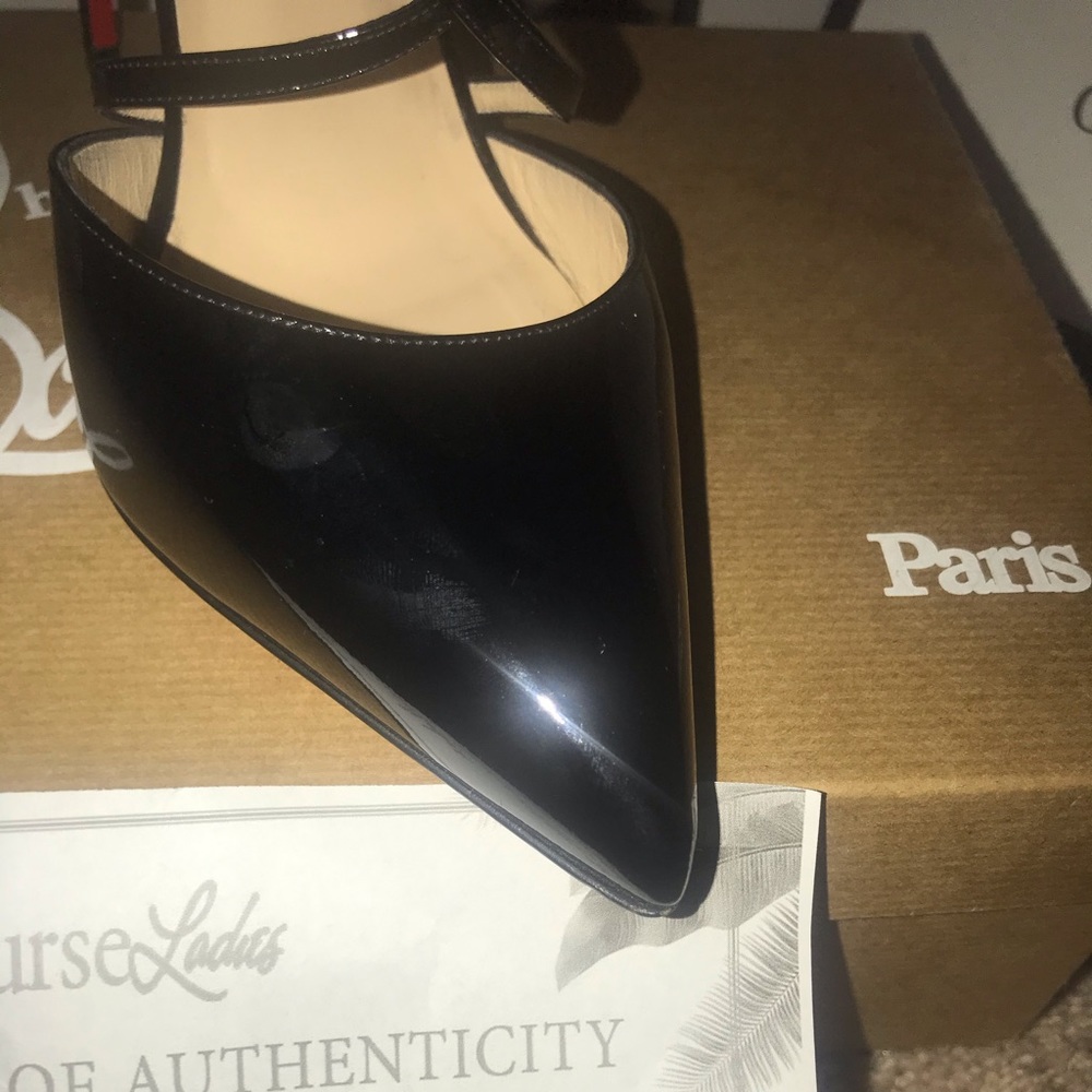 Christian Louboutin Black Patent Leather Pointed Toe Pumps with Red Soles - Picture 8 of 14